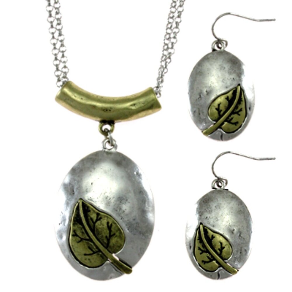 Silver and Gold Leaf Pendant Necklace Earring Set NWT